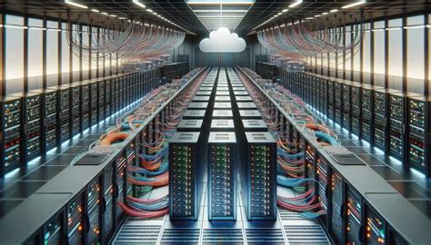 Illustration d'un parc informatique moderne avec des serveurs et des câbles lumineux