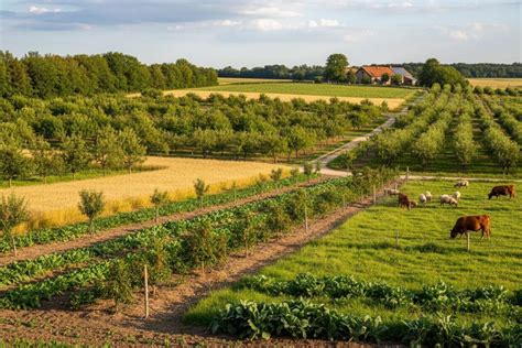 Illustration d'un paysage agricole avec des cultures et des bâtiments de ferme