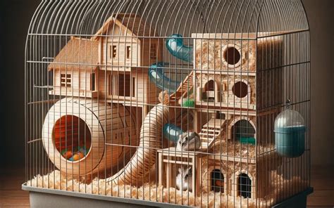 Photo d'une cage aménagée avec des zones de stockage naturelles pour le hamster