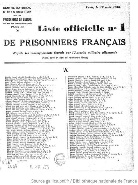 Titre de la Liste Officielle des Prisonniers de Guerre Français