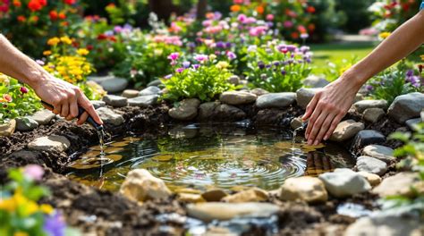 Aménagement d'un petit plan d'eau avec végétation et éclairage