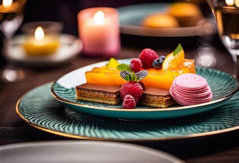 Desserts colorés sur des assiettes à bordure pourpre