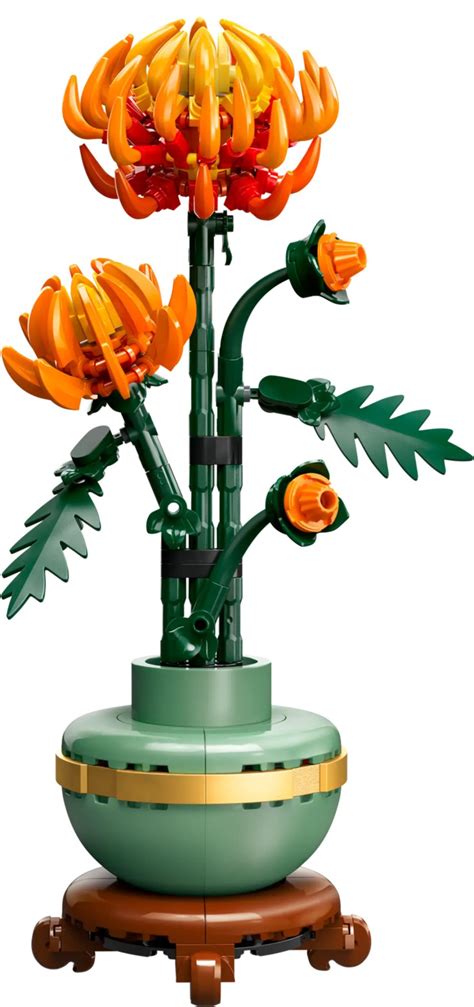 Vue détaillée du Chrysanthème LEGO Icons (10368) avec ses pétales orange vif et son pot vert pastel
