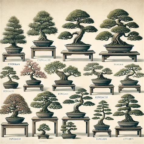 Tableau illustratif des principaux styles de bonsaï japonais