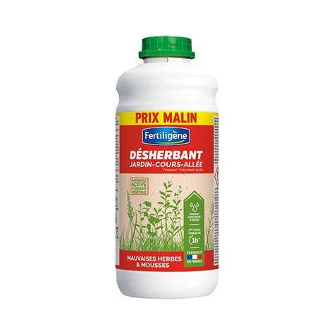 Bouteille de désherbant Fertiligène avec des herbes indésirables traitées