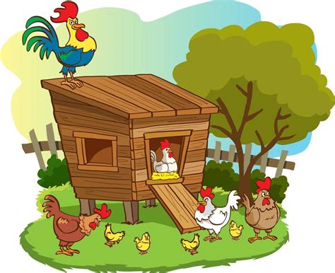 Illustration de poules dans un poulailler