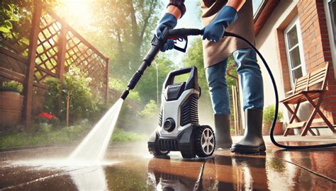 Nettoyage d'un jardin sur gravier blanc avec un nettoyeur haute pression