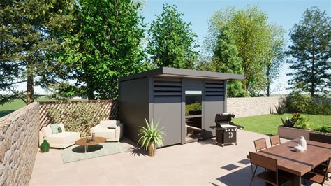 Illustration d'un abri de jardin moderne avec des éléments naturels