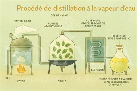 Infographie présentant les étapes de la distillation à la vapeur d'eau