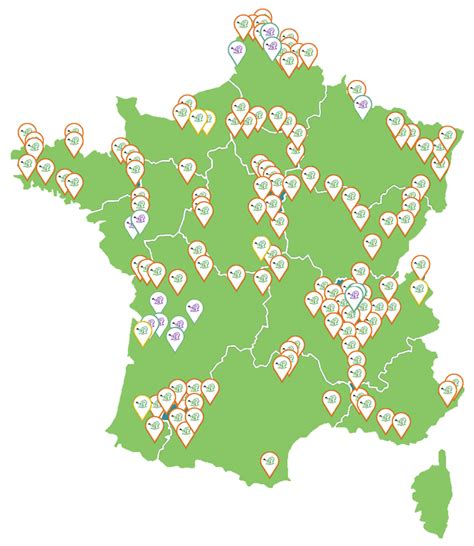 carte de France avec la localisation des jardins de cocagne