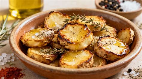 Plat de topinambours rôtis avec des herbes fraîches