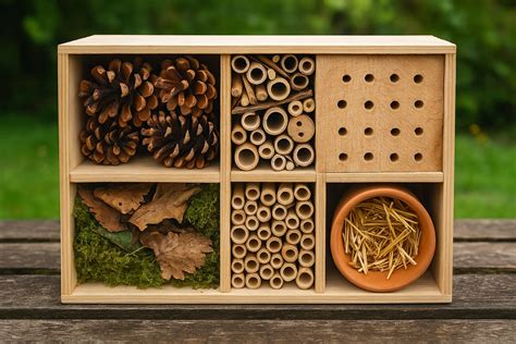 Hôtel à insectes avec coquilles de noisettes