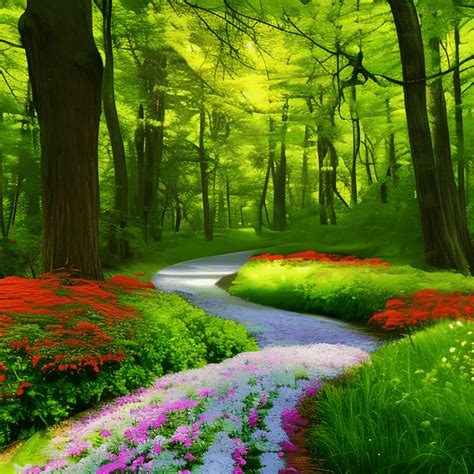 Paysage de jardin verdoyant avec des fleurs colorées et un chemin sinueux