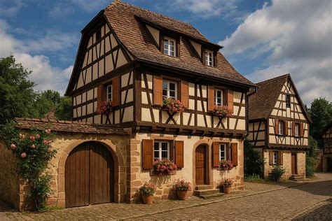 Maisons à colombages fleuries de géraniums en Alsace