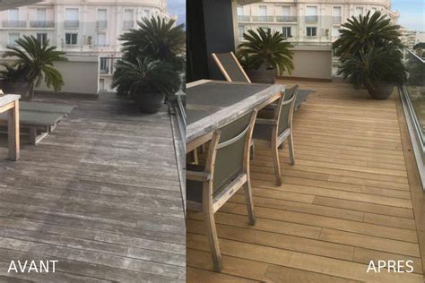 Comparaison visuelle : une terrasse en bois avant et après l'application d'un dégriseur