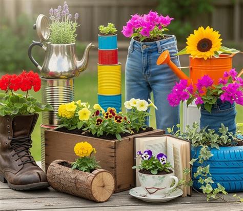 un collage d'objets du quotidien transformés en pots de fleurs