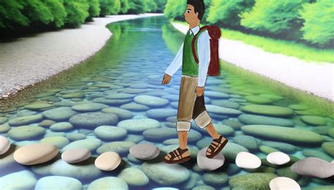 Illustration d'un seigneur tentant de traverser une rivière à la perche