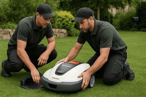 Installateur discutant avec un client devant un robot tondeuse