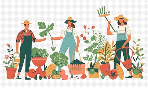 Illustration d'un jardin luxuriant avec des jardiniers récoltant des graines