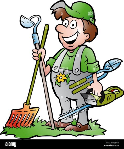 Illustration d'un jardinier utilisant un outil multifonction