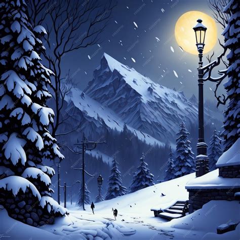 illustration d'un paysage enneigé et montagneux avec des cristaux de glace lumineux