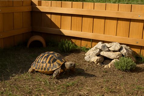 Illustration d'une tortue de terre dans un enclos naturel avec un substrat varié