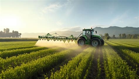 Champ agricole avec tracteur épandant des engrais