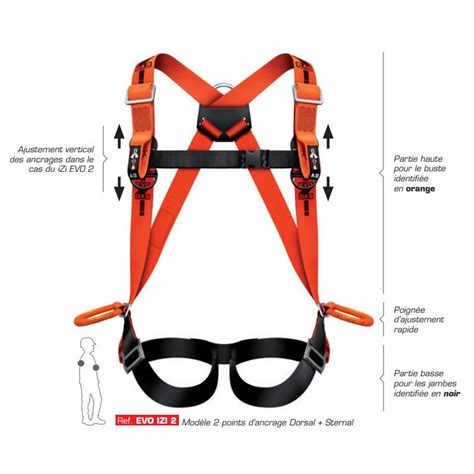Diagramme détaillé d'un harnais d'élagage avec ses points d'attache