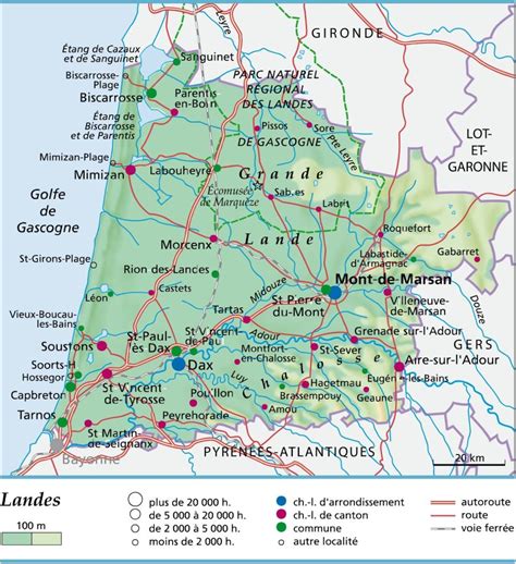 Carte des principales villes et sites d'intérêt des Landes et du Pays Basque
