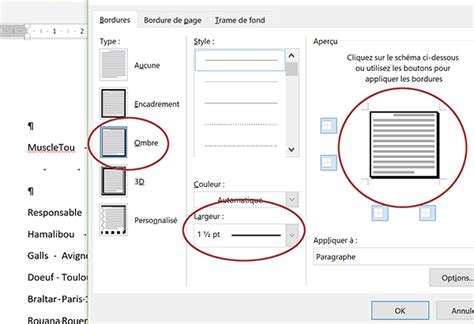 Options de personnalisation des bordures