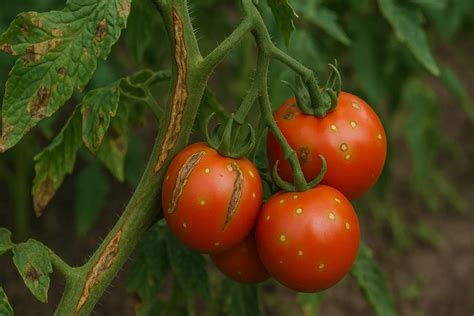 Symptômes du chancre bactérien sur fruit de tomate