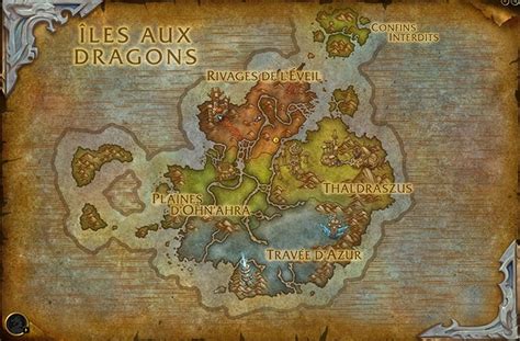 Carte des Îles aux Dragons avec des marqueurs pour les lieux clés des premières quêtes
