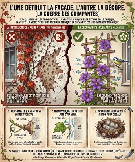 Comparaison visuelle entre une plante à ventouses comme la vigne vierge et une plante volubile comme le jasmin