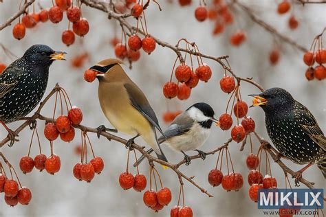 Oiseaux se nourrissant dans un verger