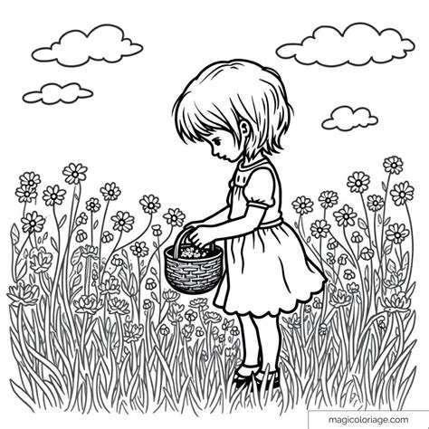 Coloriage d'un enfant cueillant des fleurs dans un champ