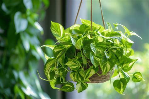 Pothos panaché retombant depuis une étagère près d'une fenêtre