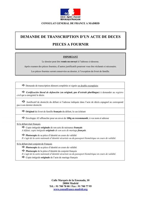 Exemple d'un formulaire d'acte de décès français