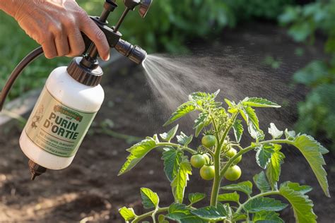 Pulvérisation de purin d'ortie sur des plants de tomates au lever du soleil