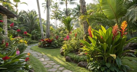 Photo d'un jardin tropical avec des hibiscus en fleurs