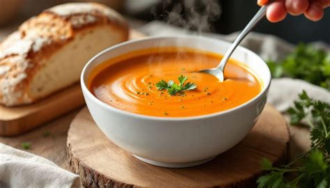 Bol de potage aux épinards et patate douce garni d'herbes fraîches