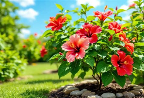 Un hibiscus sain en pleine floraison dans un jardin ensoleillé