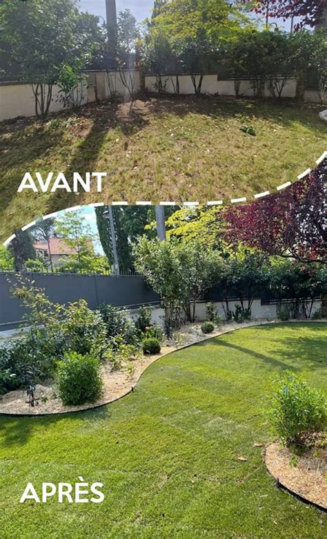 Photo d'un jardin avant et après l'installation de bordures
