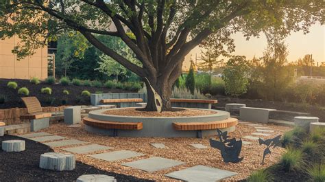 Plan d'un jardin avec un cercle de pierres autour d'un arbre