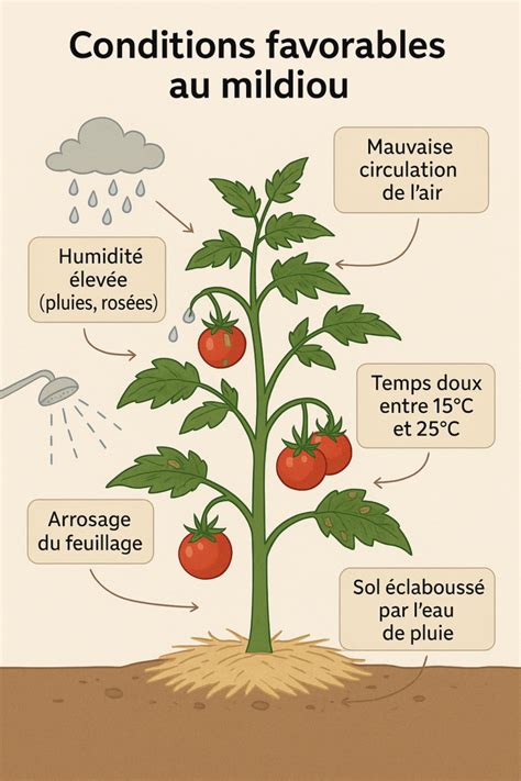 Infographie montrant les conditions idéales pour la prévention du mildiou (température, humidité, ventilation)