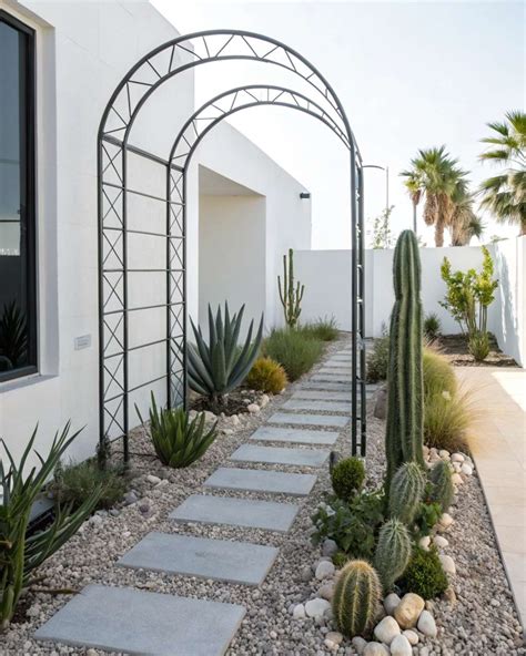 Arche métallique dans un jardin fleuri