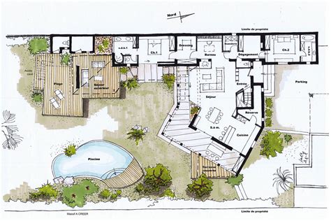 Plan d'architecte d'une résidence moderne avec espaces verts