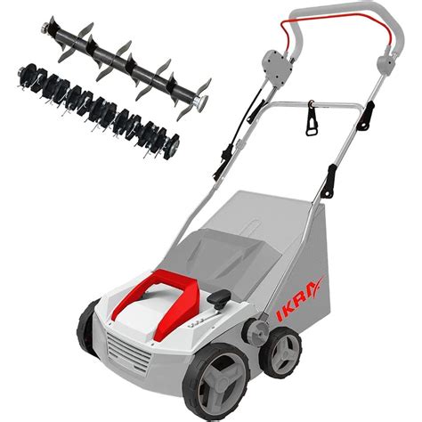 Illustration des différents outils d'entretien de pelouse : scarificateur, aérateur, tondeuse