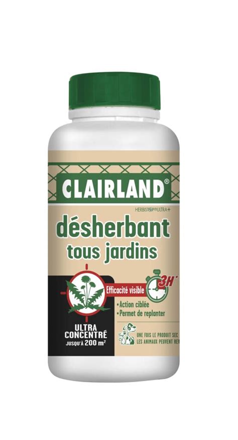 Bouteille de désherbant Clairland avec des géraniums en arrière-plan