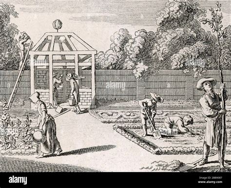 Illustration d'un jardinier du 17e siècle cultivant un jardin à la française