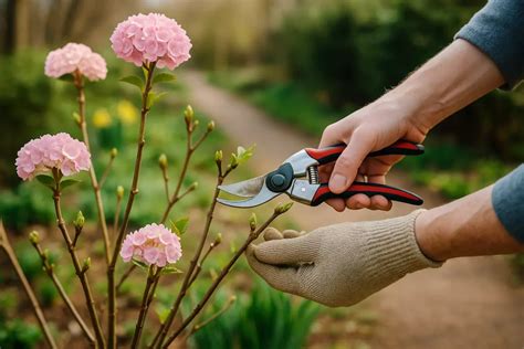 Personne taillant un hortensia avec un sécateur